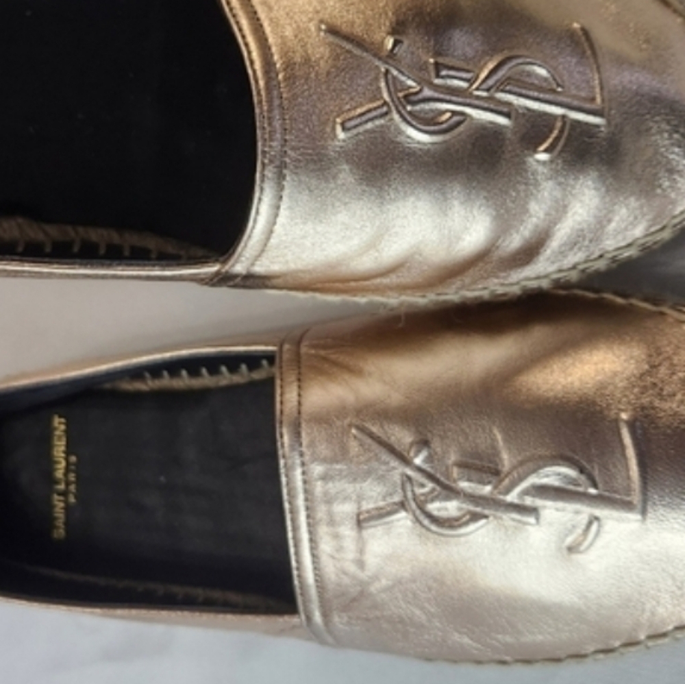 SAINT LAURENT Paris Gold Espadrilles SIZE 37 EU Bling Flats, Metallic YSL Logo